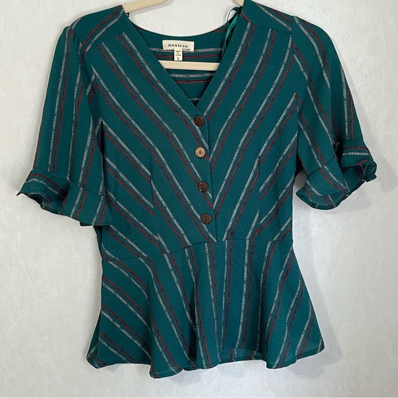 Monteau Green Red Striped Fitted Peplum Blouse Top with Ruffled Sleeves - Picture 1 of 5